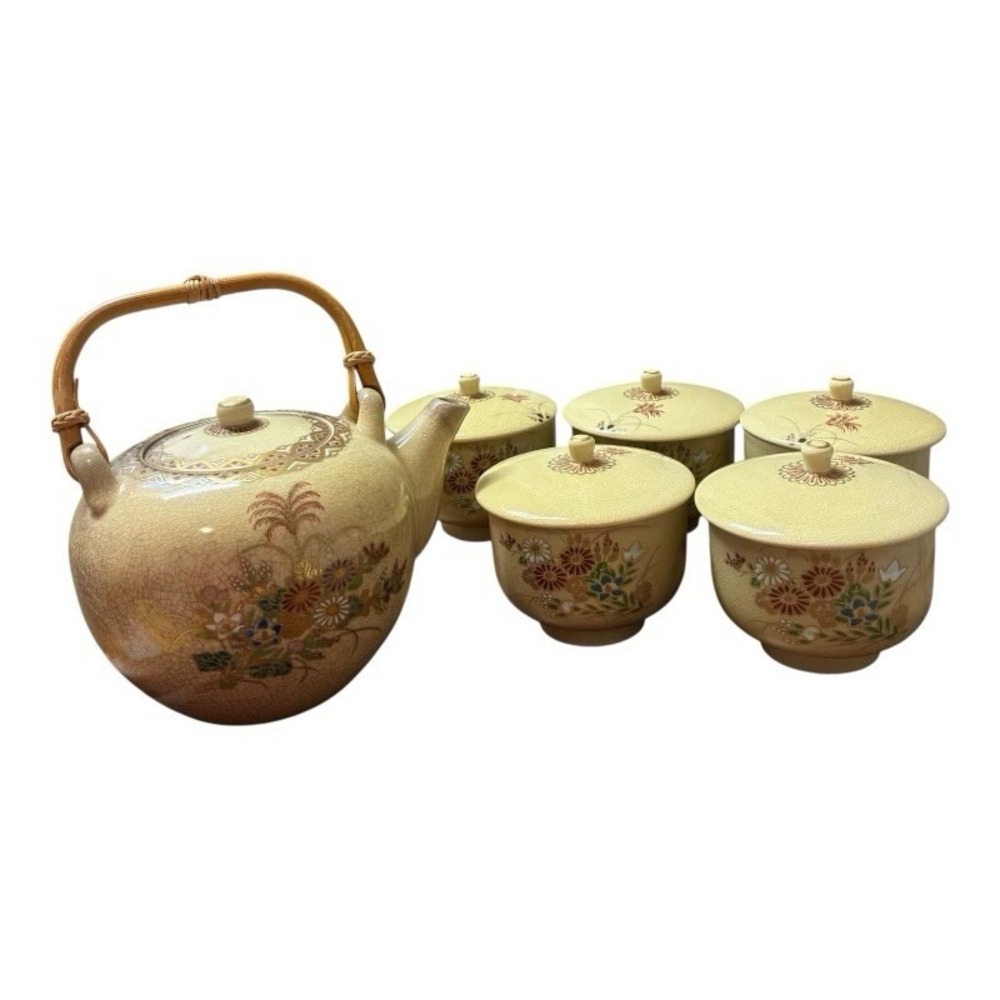 Japanese Vintage Satsuma Ware Chrysanthemum Lidded‎ Tea Pot with 5 Cups set